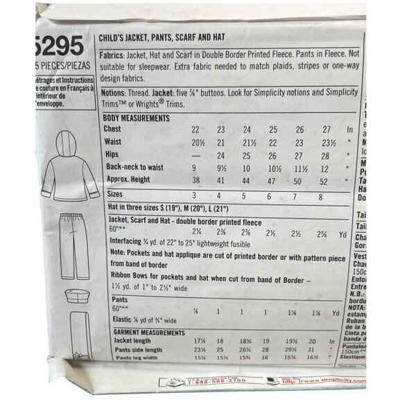 Simplicity 5295 Sewing Pattern Childs Jacket Pants Scarf Hat Sz 5-8 Patty Reed - Picture 2 of 2